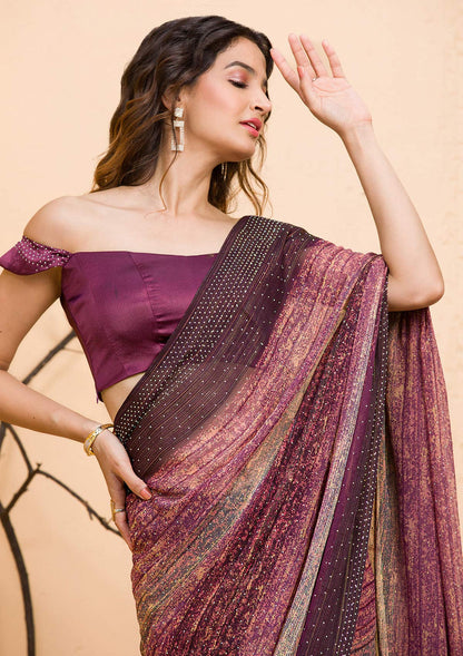 Wine Chiffon Designer Saree