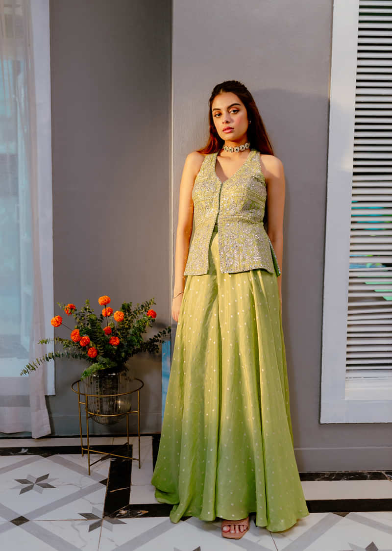 Light Green Embroidered Silk Kurta Palazzo With Dupatta