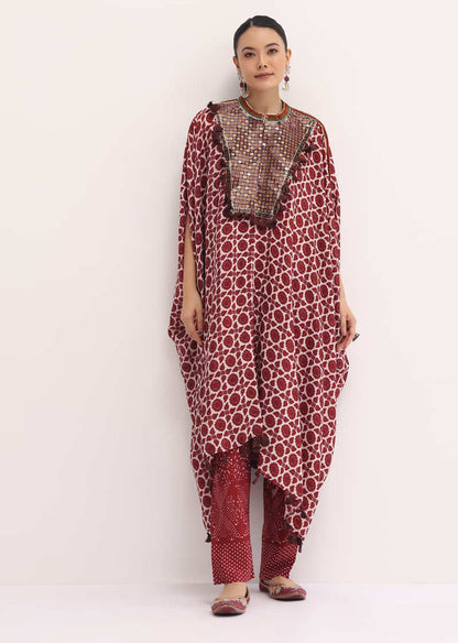 Maroon Printed Crepe Kaftan Kurta Set