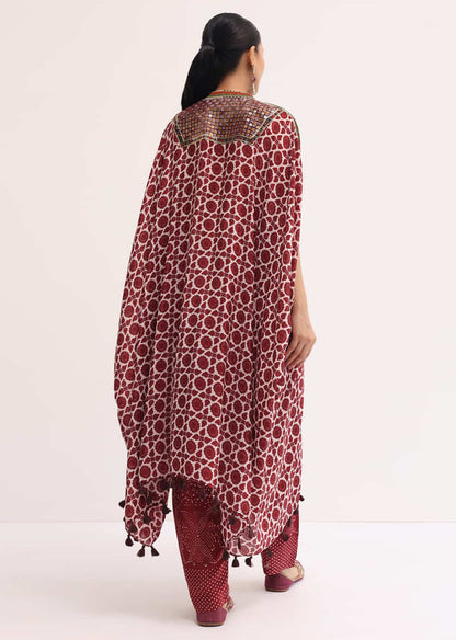 Maroon Printed Crepe Kaftan Kurta Set