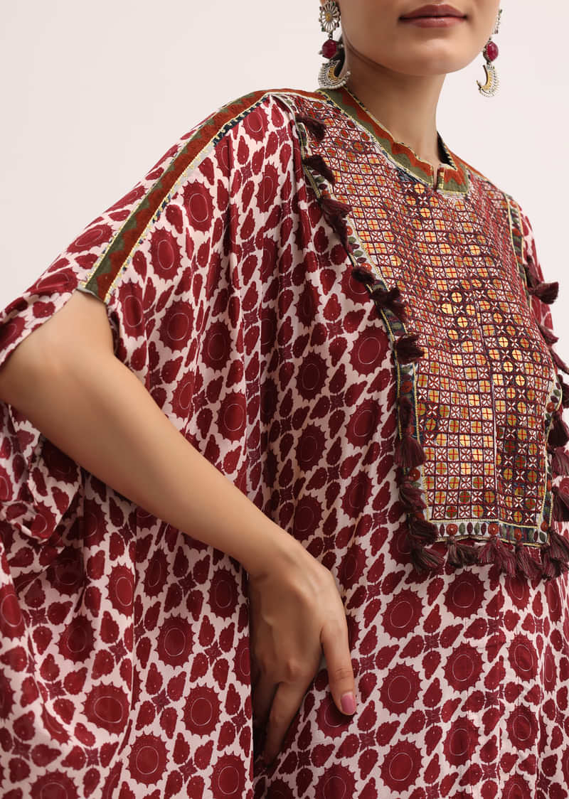 Maroon Printed Crepe Kaftan Kurta Set