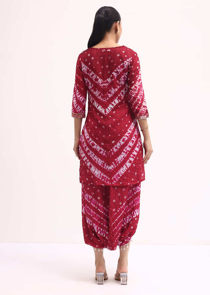 Maroon Printed Tussar Kurta Dhoti