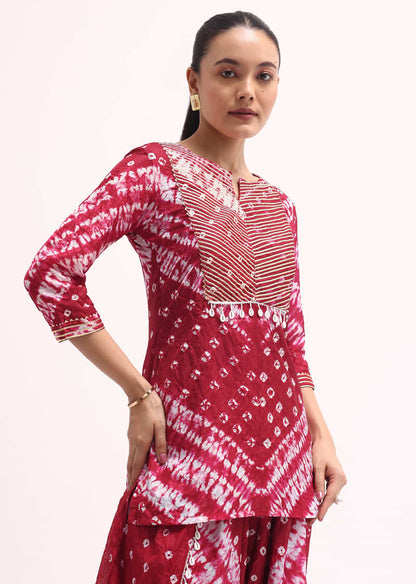 Maroon Printed Tussar Kurta Dhoti