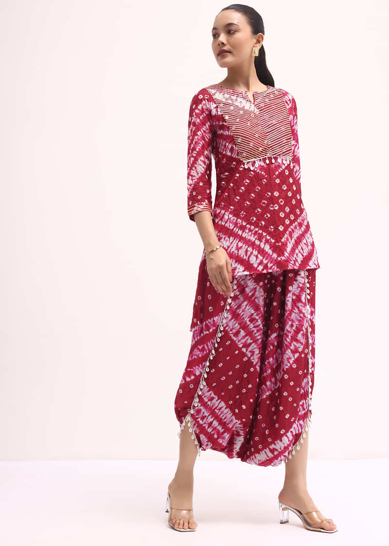 Maroon Printed Tussar Kurta Dhoti