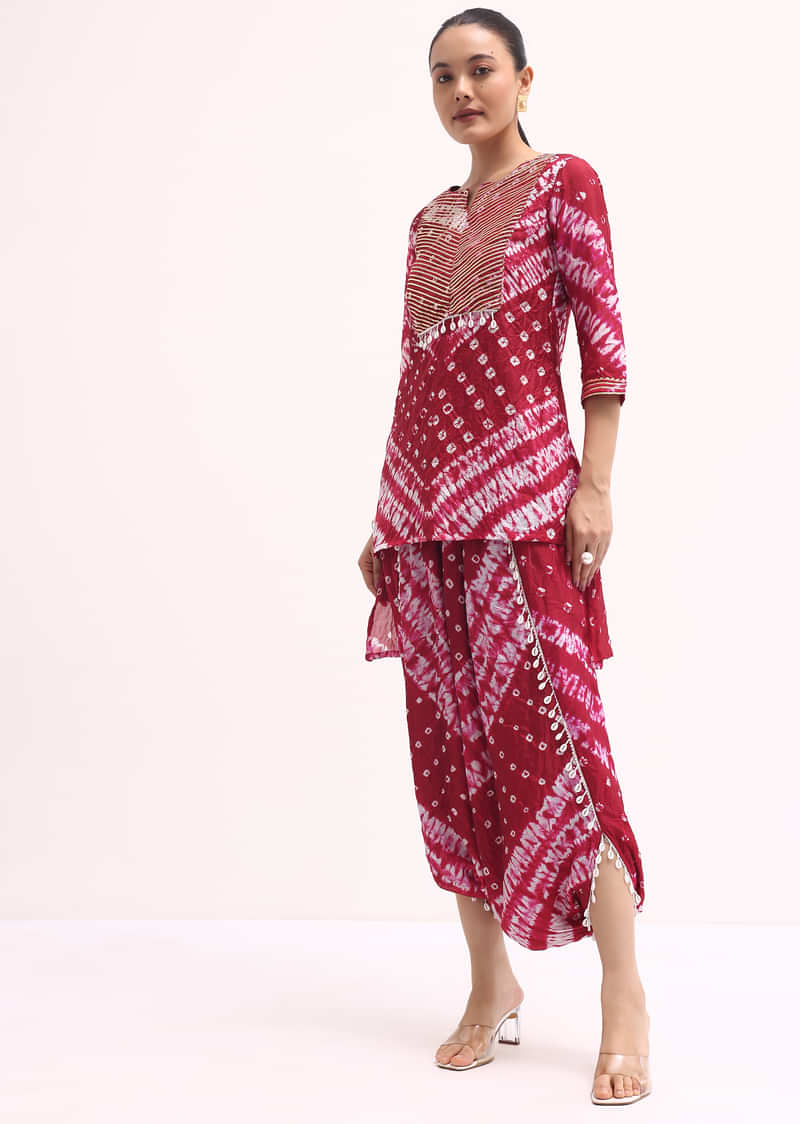 Maroon Printed Tussar Kurta Dhoti