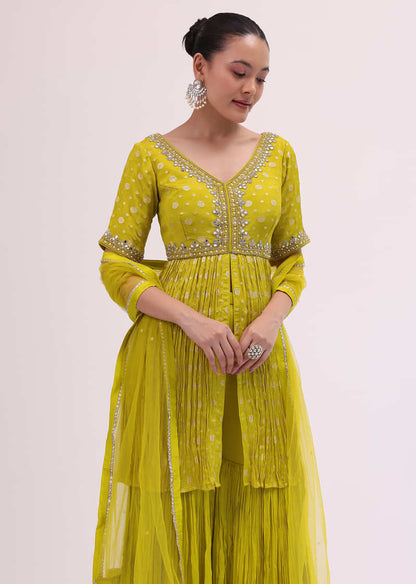 Mehendi Green Embroidered Kurta Sharara Set