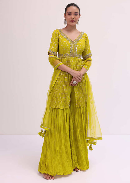 Mehendi Green Embroidered Kurta Sharara Set