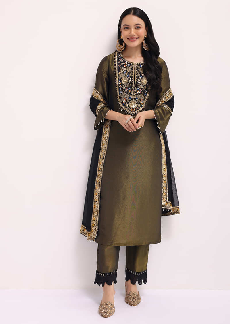 Mehendi Green Sequin Embroidered Tissue Kurta Set With Dupatta