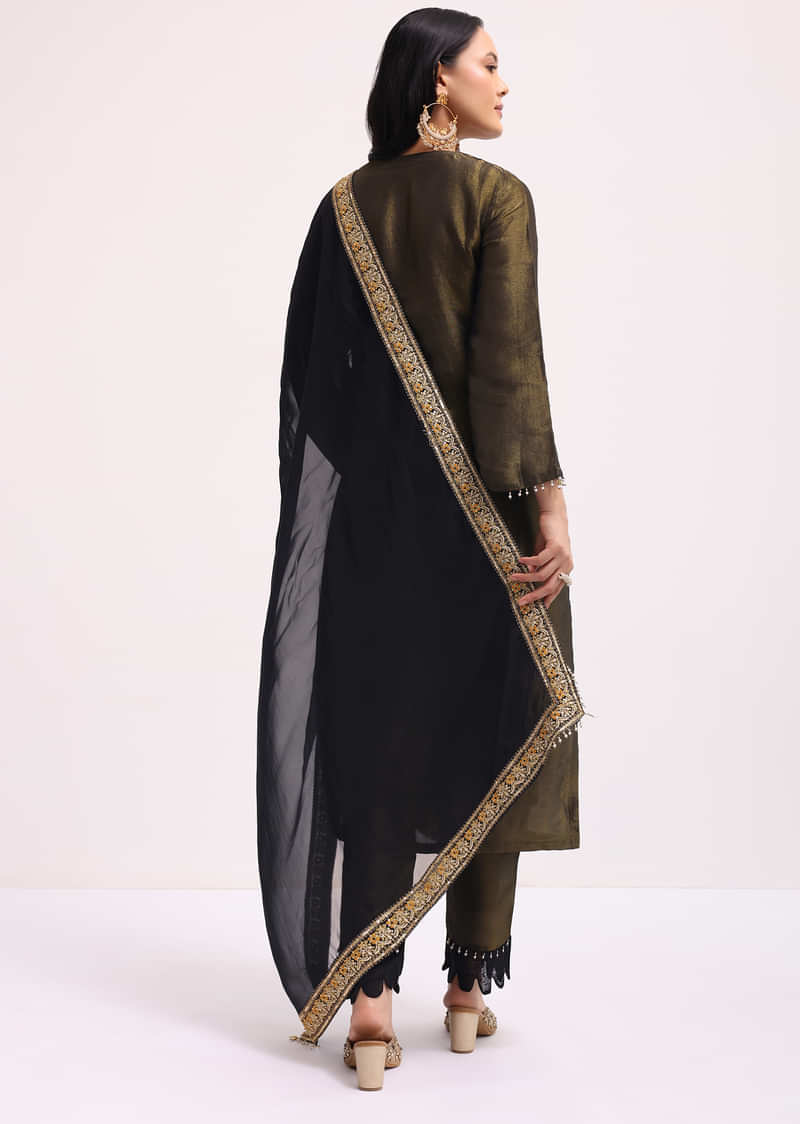 Mehendi Green Sequin Embroidered Tissue Kurta Set With Dupatta