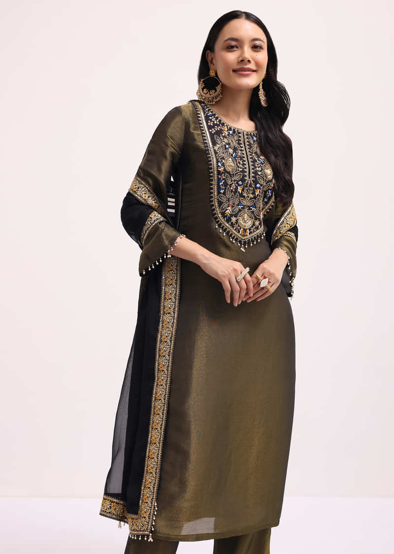 Mehendi Green Sequin Embroidered Tissue Kurta Set With Dupatta