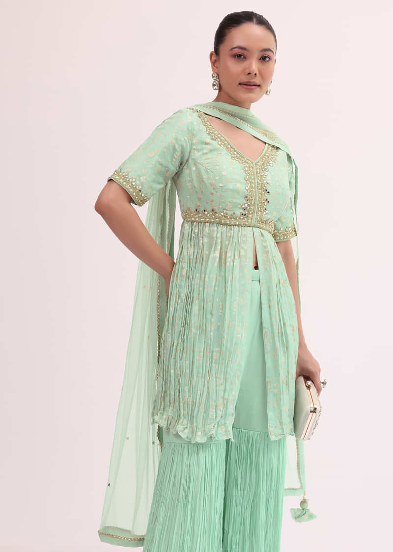 Mint Blue Embroidered Kurta Sharara Set