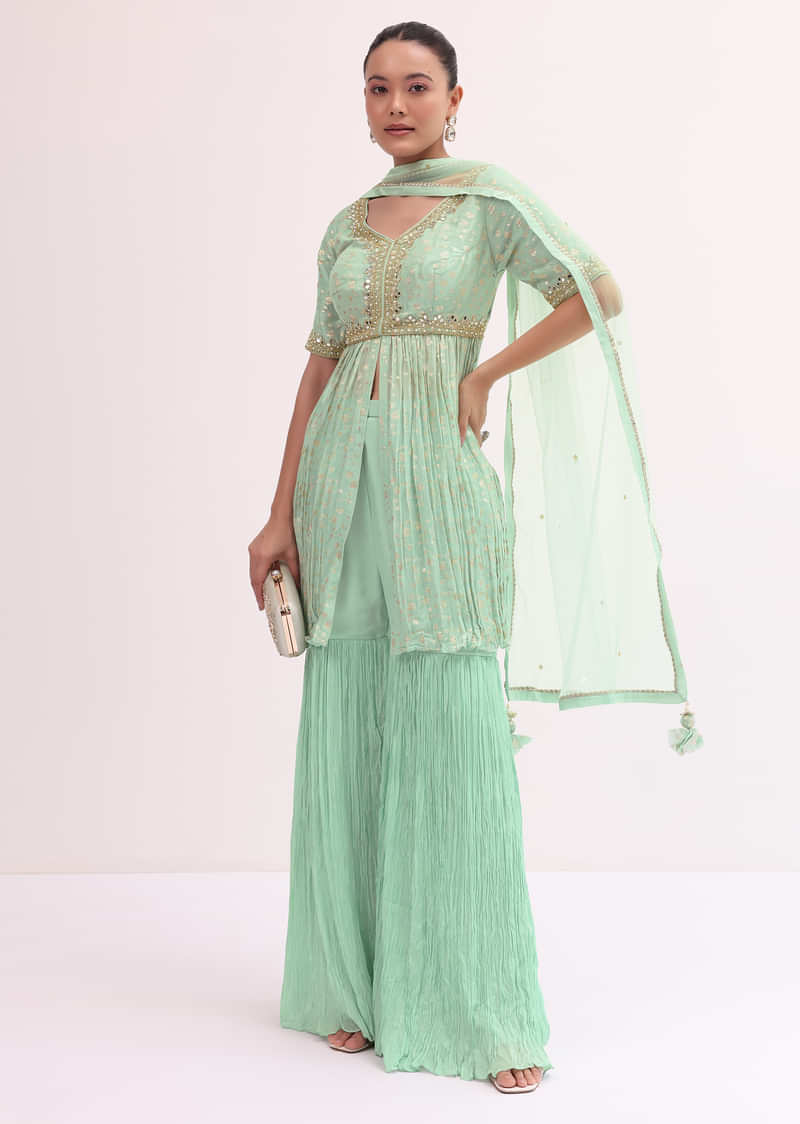 Mint Blue Embroidered Kurta Sharara Set