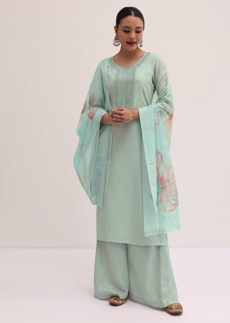 Mint Green Linen Kurta Palazzo Set