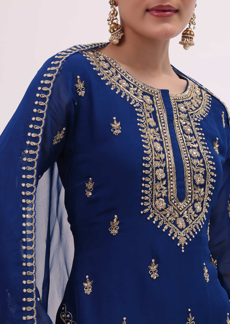 Navy Blue Chanderi Kurta Palazzo Set