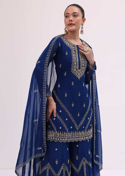 Navy Blue Chanderi Kurta Palazzo Set