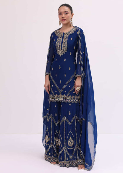 Navy Blue Chanderi Kurta Palazzo Set