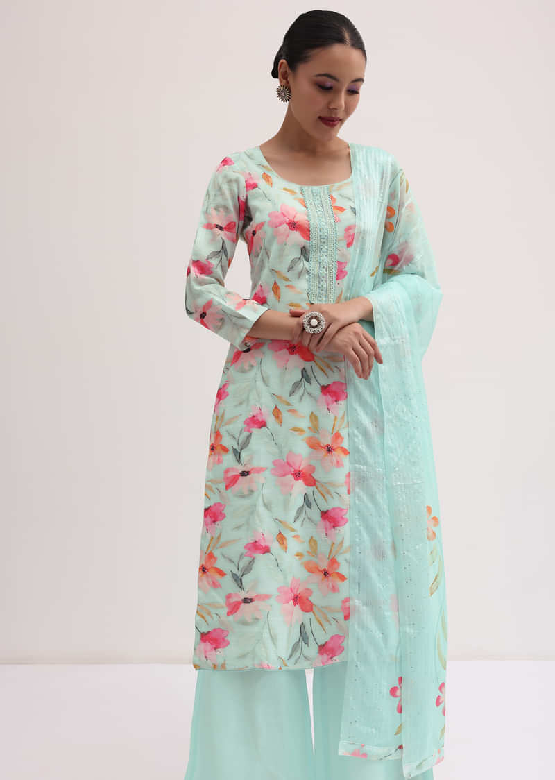 Pale Turquoise Linen Kurta Palazzo Set