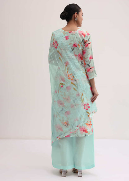 Pale Turquoise Linen Kurta Palazzo Set