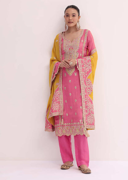 Peach And Yellow Embroidered Kurta Pant Set