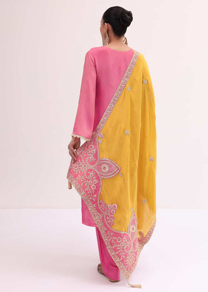 Peach And Yellow Embroidered Kurta Pant Set