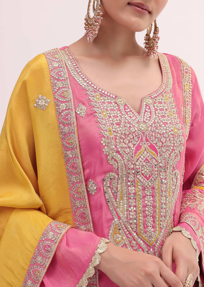 Peach And Yellow Embroidered Kurta Pant Set