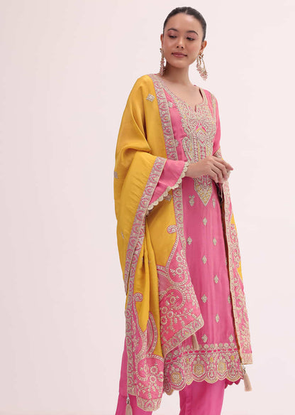 Peach And Yellow Embroidered Kurta Pant Set