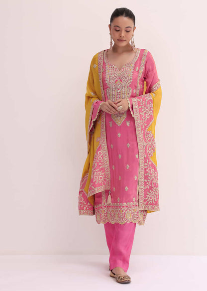 Peach And Yellow Embroidered Kurta Pant Set