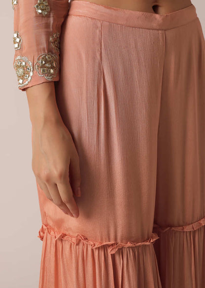 Peach Mirror Embellished Kurta Sharara Set