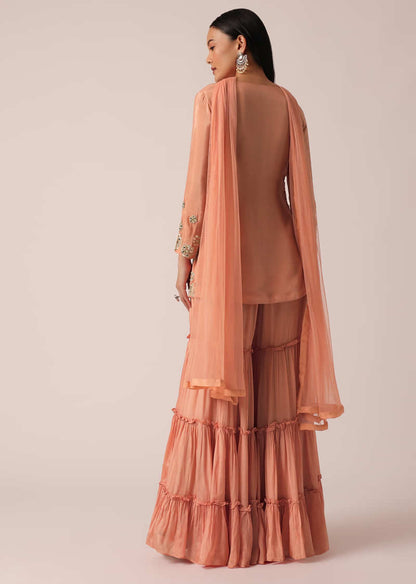 Peach Mirror Embellished Kurta Sharara Set