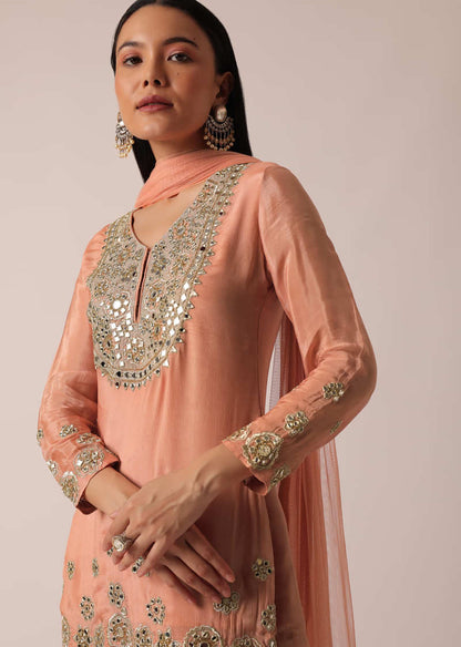 Peach Mirror Embellished Kurta Sharara Set