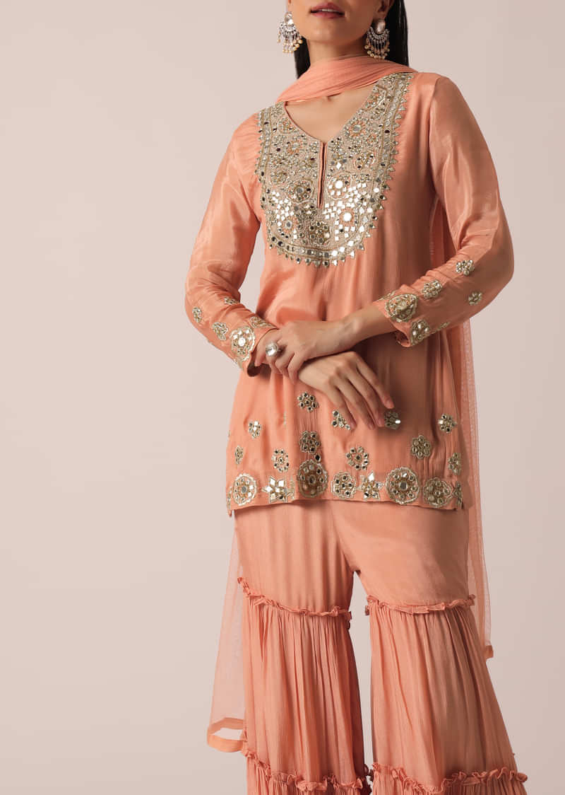 Peach Mirror Embellished Kurta Sharara Set