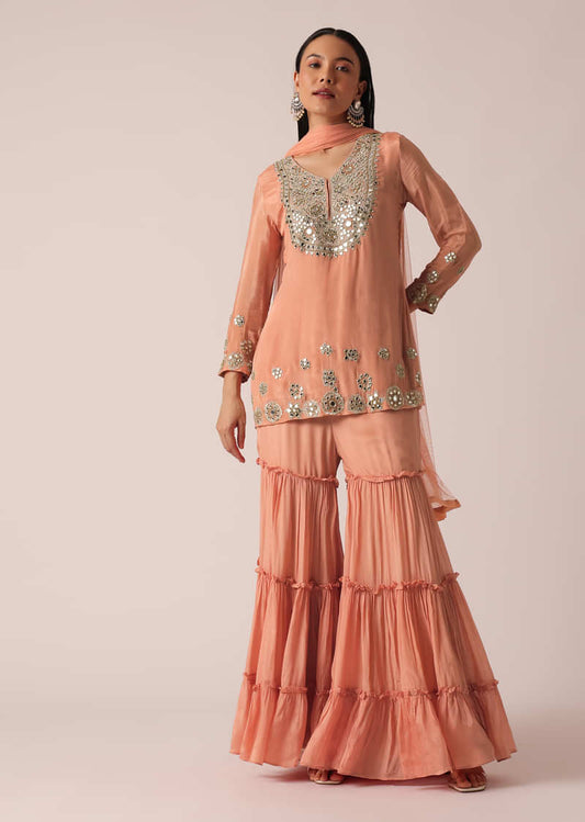 Peach Mirror Embellished Kurta Sharara Set