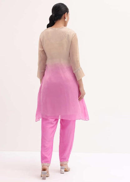 Pink And Beige Embroidered Kurta Pant