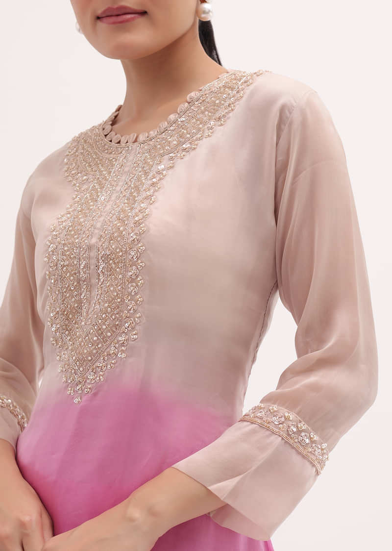 Pink And Beige Embroidered Kurta Pant