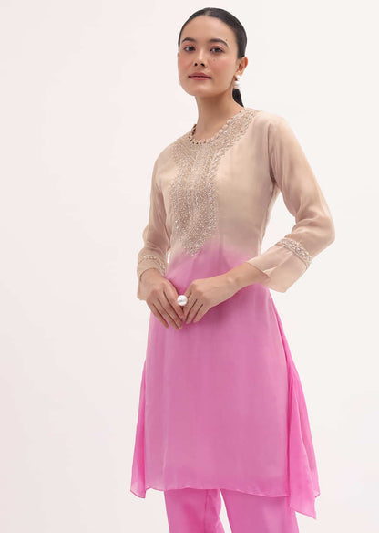 Pink And Beige Embroidered Kurta Pant