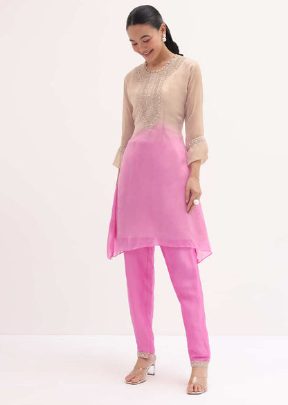 Pink And Beige Embroidered Kurta Pant