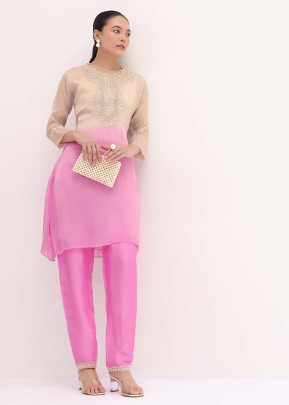 Pink And Beige Embroidered Kurta Pant