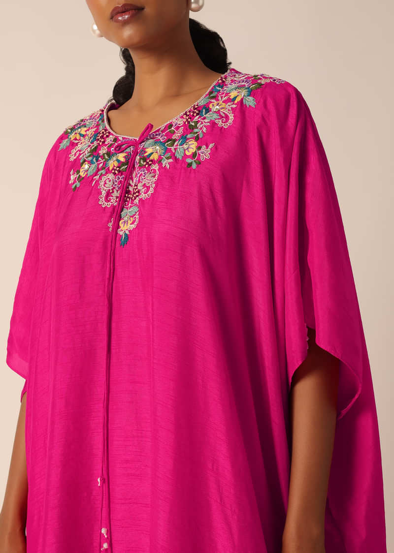 Pink Cotton Silk Kaftan Kurta Set With Sequin Work