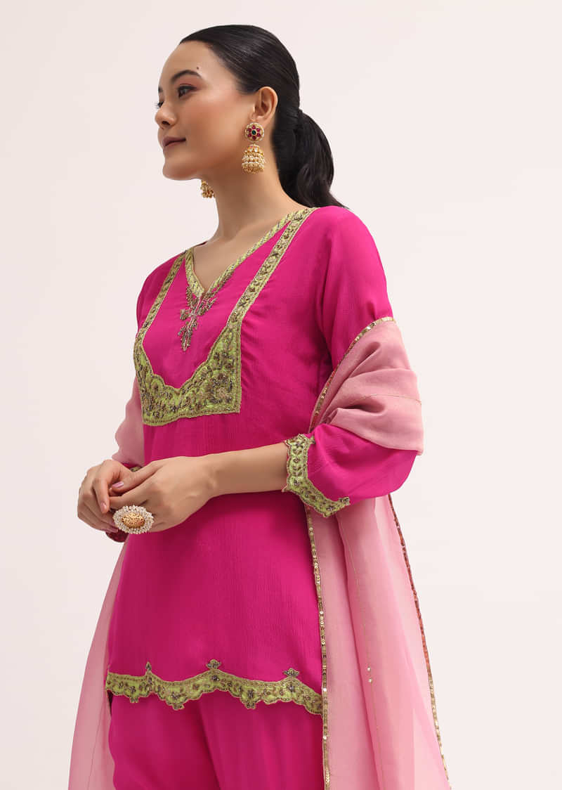 Pink Embroidered Chiffon Kurta Sharara Set