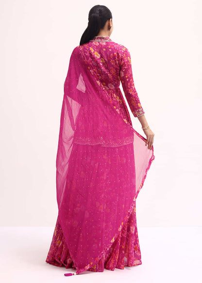 Pink Embroidered Kurta Lehenga Set-