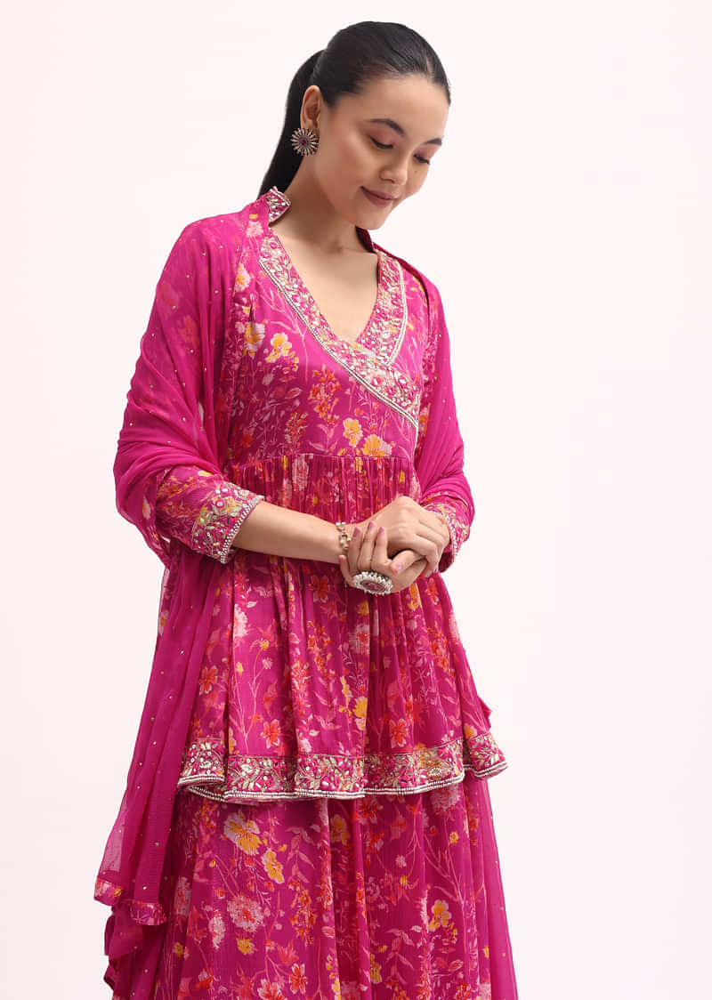 Pink Embroidered Kurta Lehenga Set-