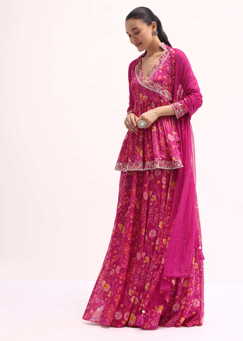 Pink Embroidered Kurta Lehenga Set-