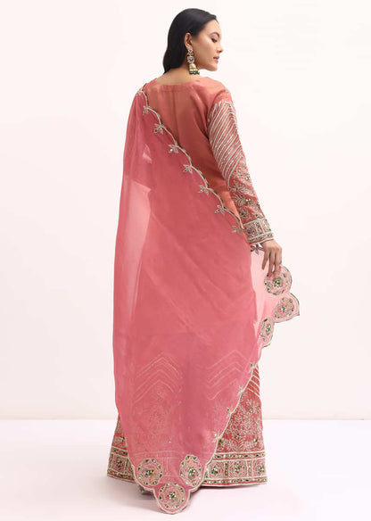 Pink Embroidered Tissue Kurta Palazzo Set