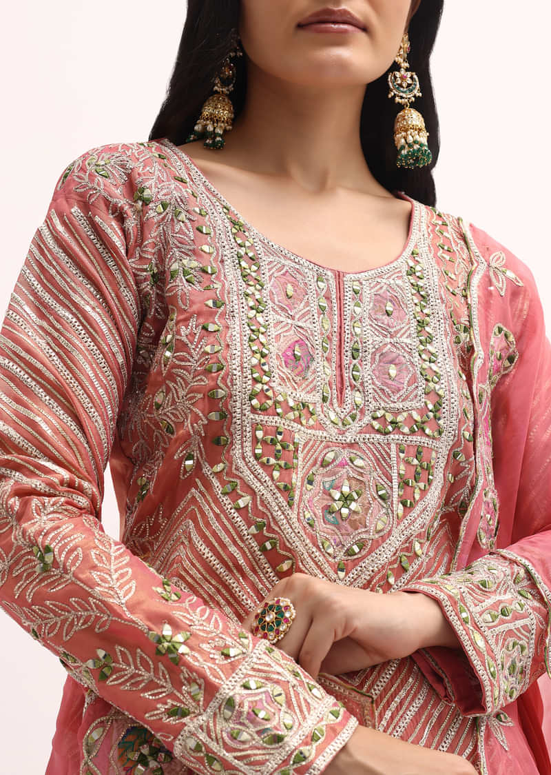 Pink Embroidered Tissue Kurta Palazzo Set