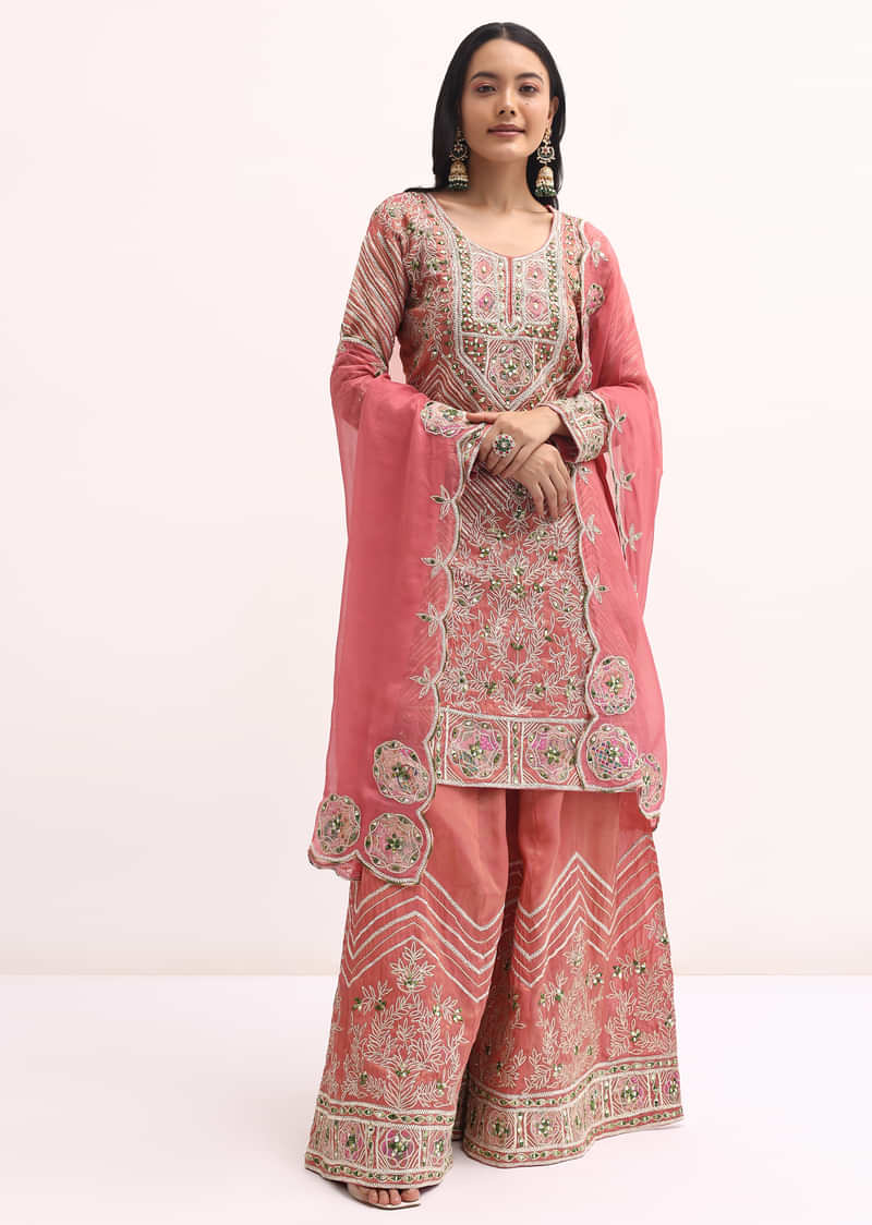 Pink Embroidered Tissue Kurta Palazzo Set