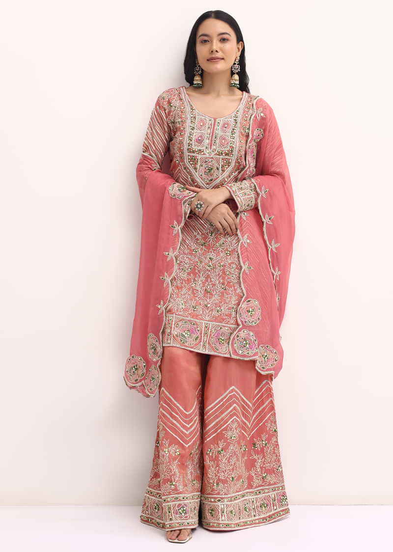 Pink Embroidered Tissue Kurta Palazzo Set