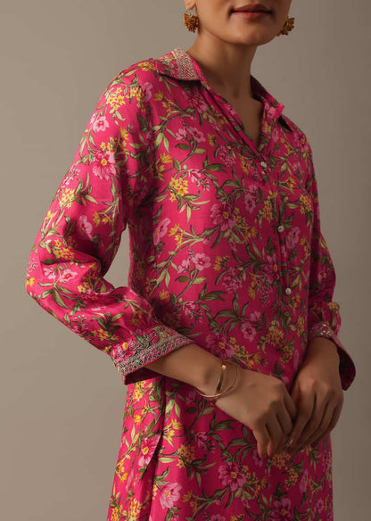 Pink Floral Print Kurta Set With Sequin Work