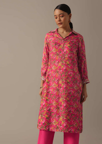 Pink Floral Print Kurta Set With Sequin Work