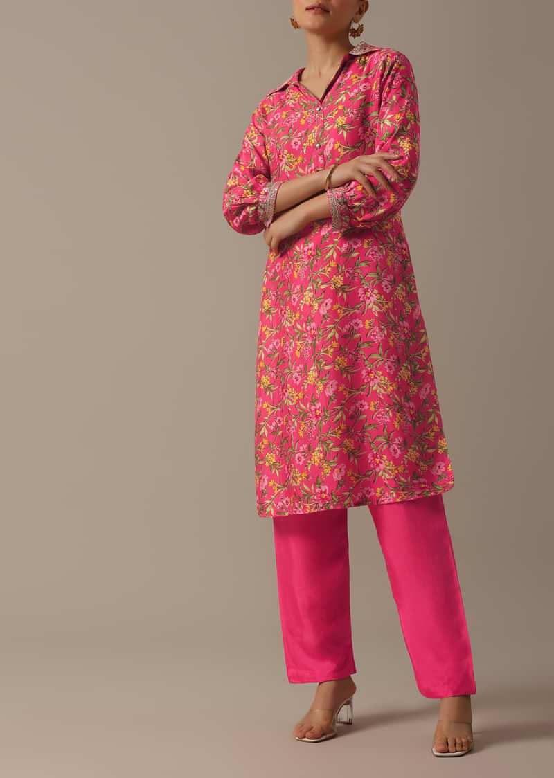 Pink Floral Print Kurta Set With Sequin Work