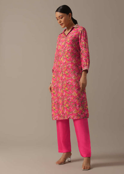 Pink Floral Print Kurta Set With Sequin Work